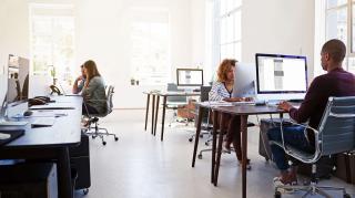 Workers at desktop computuers in a modern bright office.