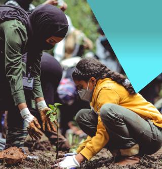 Women and child planting a tree.