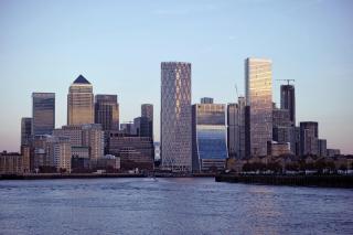 Canary wharf with river in front.