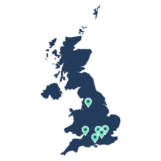 Map of the UK with pins marking Deerfoot IT recruitment areas in Manchester, Bristol, the Thames Valley, London, Surrey and Hampshire
