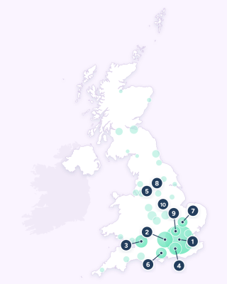 Map of the UK showing where tech jobs are concentrated, with the top 10 areas numbered